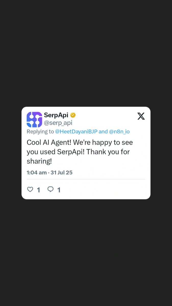 HeetDayaniBJP's tweet image. 🔥 SerpApi noticed my AI Agent!
Built with OpenAI + SerpAPI + SimpleMemory in n8n, it:
🧠 Remembers chats
🌐 Searches the web live
🤖 Responds smartly in real-time
Getting this shoutout from @serp_api makes it even better! 🚀
#AI #OpenAI #SerpAPI #n8n #AIAgentDay