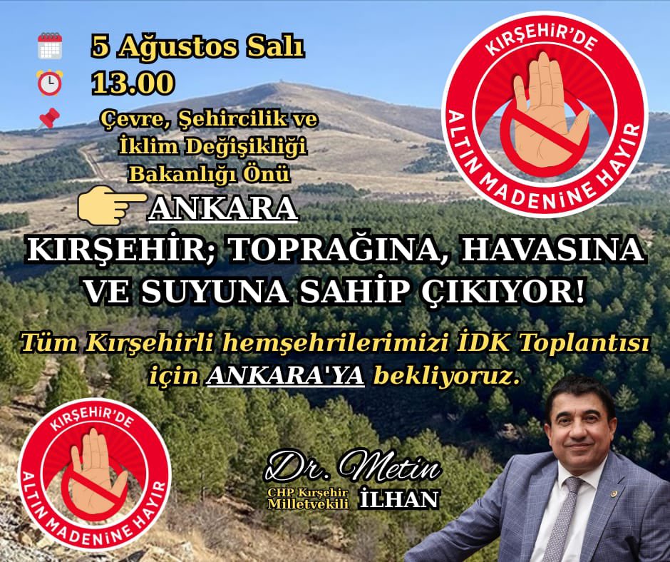 Tüm Kırşehirliler olarak bozkırın cenneti Kırşehir'imizin toprağına, havasına ve suyuna zarar verecek altın madeni şirketlerinin faaliyetlerine dur diyeceğiz!

Tüm Kırşehirli hemşehrilerimizi 5 Ağustos Salı günü saat 13.00'te Çevre, Şehircilik ve İklim Değişikliği Bakanlığı