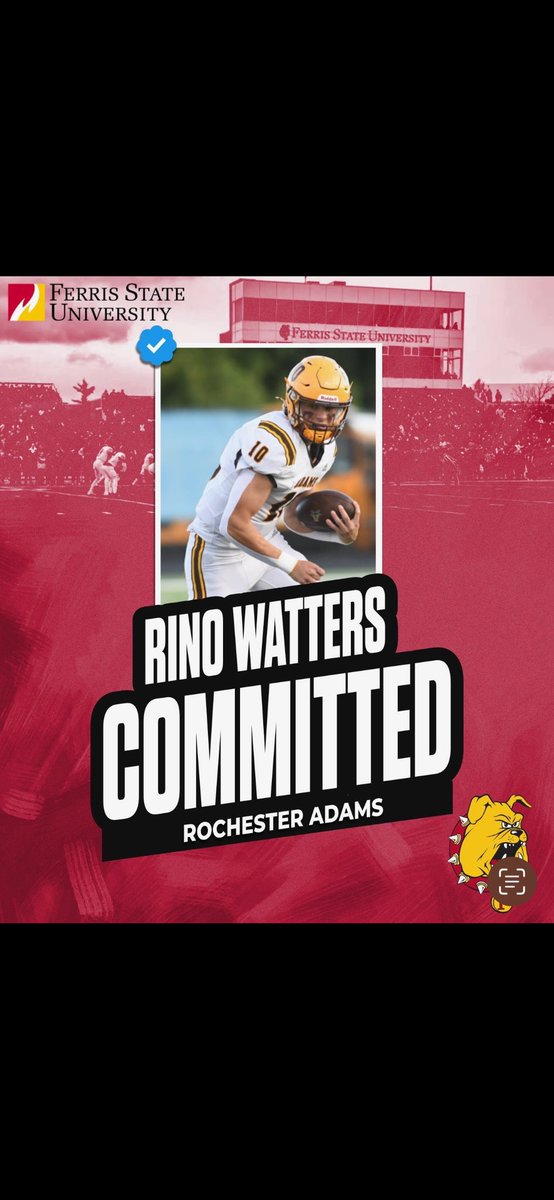 Ryland (Rino) Watters (@rylandwatters) on Twitter photo After many conversations and prayers, I’m excited to announce my commitment to Ferris State University! <a href="/CoachAnnese/">Coach Annese</a> <a href="/Coach_Rock/">Brian Rock</a> <a href="/Coach_Tannese18/">Tony</a> <a href="/R_AdamsFootball/">Rochester Adams Football</a> <a href="/TheD_Zone/">The D Zone</a> <a href="/AllenTrieu/">Allen Trieu</a> <a href="/QualityQBs/">Joseph Boisture</a> <a href="/alex_pallone/">Alex Pallone</a> <a href="/statechampsmich/">STATE CHAMPS! Michigan</a> After many conversations and prayers, I’m excited to announce my commitment to Ferris State University! <a href="/CoachAnnese/">Coach Annese</a> <a href="/Coach_Rock/">Brian Rock</a> <a href="/Coach_Tannese18/">Tony</a> <a href="/R_AdamsFootball/">Rochester Adams Football</a> <a href="/TheD_Zone/">The D Zone</a> <a href="/AllenTrieu/">Allen Trieu</a> <a href="/QualityQBs/">Joseph Boisture</a> <a href="/alex_pallone/">Alex Pallone</a> <a href="/statechampsmich/">STATE CHAMPS! Michigan</a>