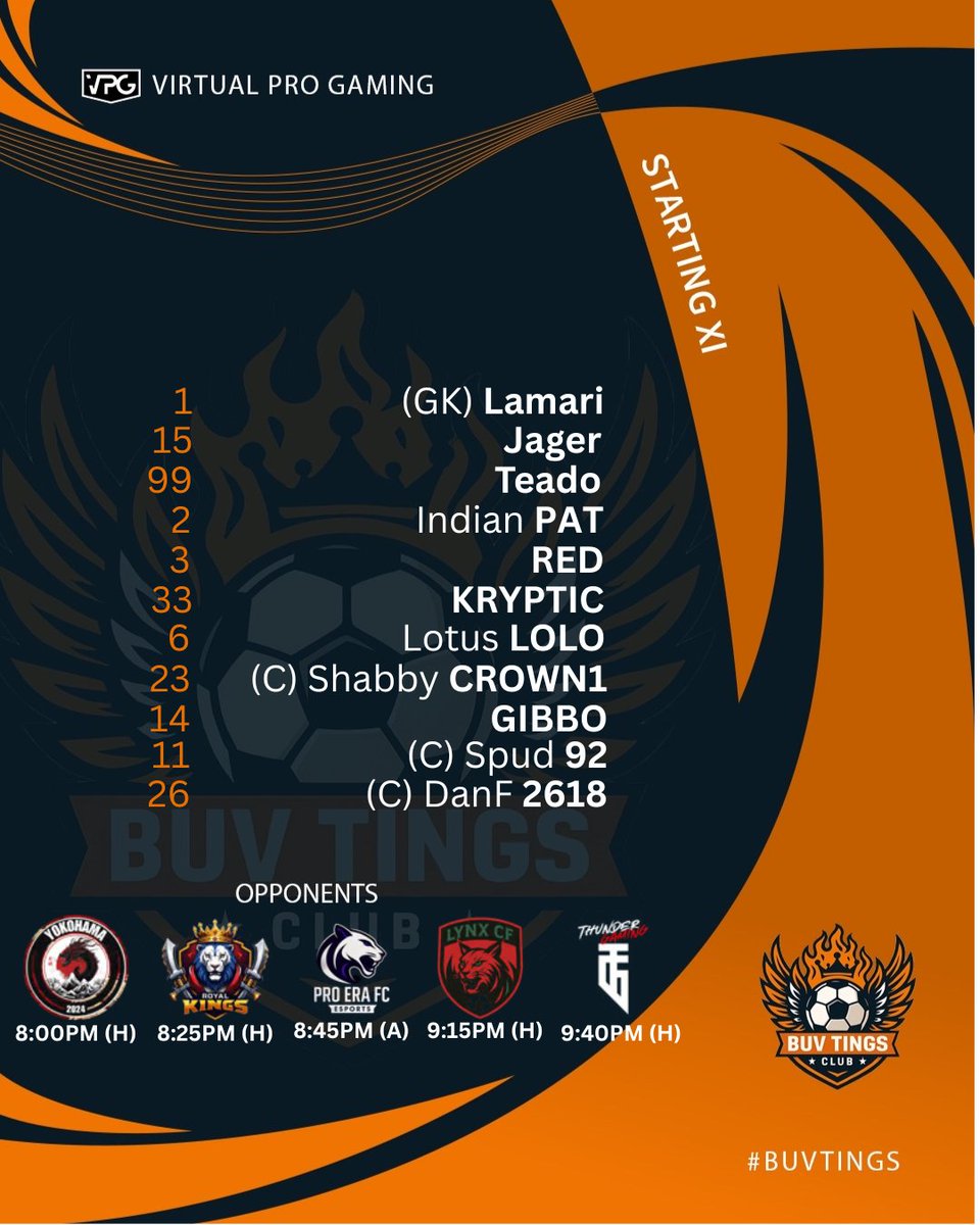And here is your line-up for the third night of the VPG Summer Season the lads walk out to 5 massive games tonight and with Thursdays being the longest nights for the lads this will be a test of them concentration and ability to be able to play the same way all night.

We hope to