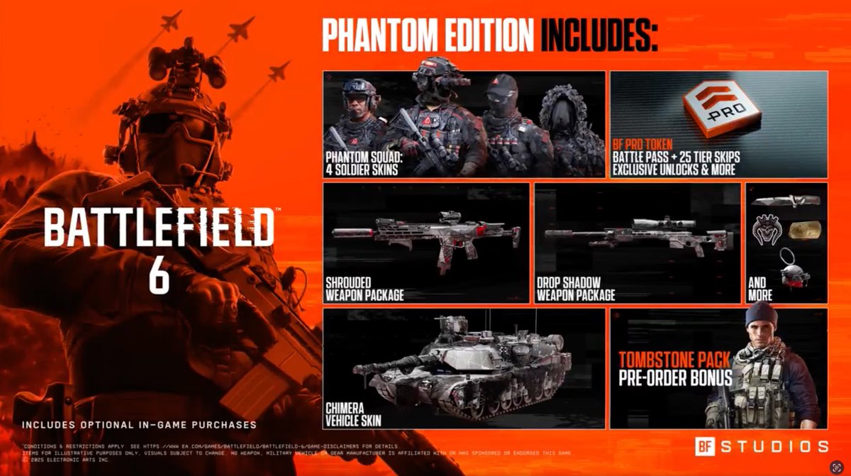 #Battlefield6 Phantom Edition:

- 4 Soldier Skins
- BF Pro Token
- Shrouded Weapon Package
- Drop Shadow Weapon Package
- Chimera Vehicle Skin
- Tombstone Pack
- And More