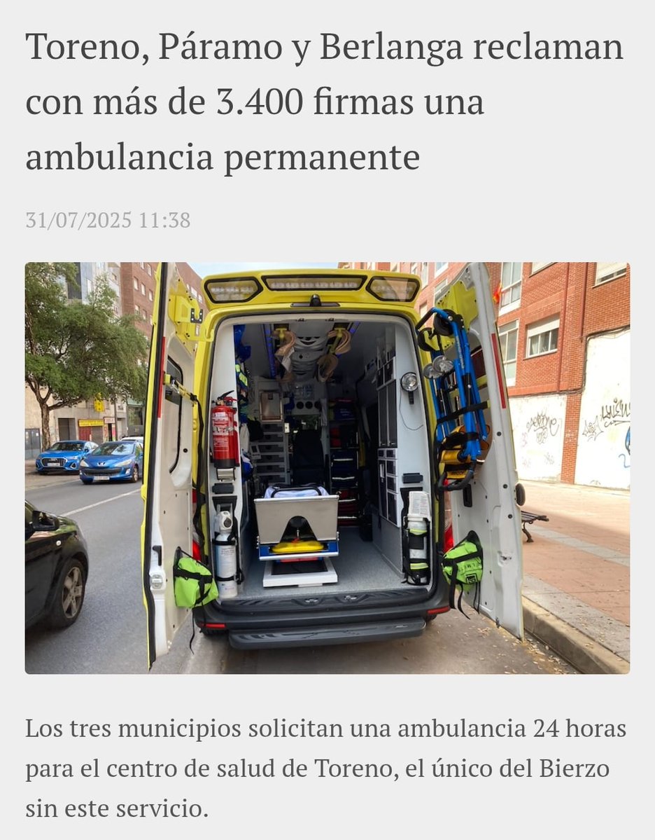 🚑 ¡El Bierzo no puede seguir sin servicios esenciales!
📍 Toreno, Páramo y Berlanga exigen con más de 3.400 firmas una ambulancia permanente 24h para su centro de salud.
❗¡Es el único del Bierzo sin este servicio!

#SanidadPública #ElBierzo #León #CastillaYLeón 💊✊