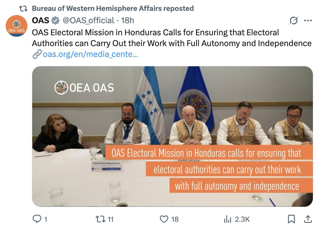 usembassyhn's tweet photo. RT: @WHAAsstSecty 
Misión Electoral de la OEA en Honduras hace un llamado para garantizar que las autoridades electorales puedan desempeñar su labor con plena autonomía e independencia. https://t.co/AzUW7pMGQY