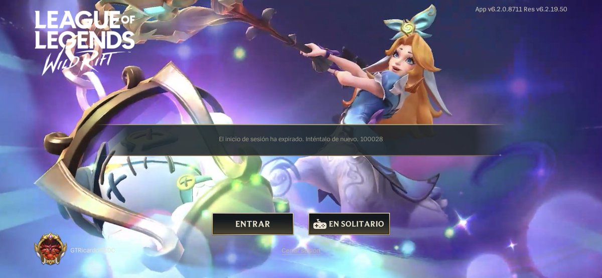 Todo hecho en un plazo total de 2-3 minutos

Reinstalo Wildrift, borro caché, pruebo con otra cuenta... Puedo entrar a TFT, ver vídeos a 4K en el teléfono mientras descargo algo a más de 15mb/s

Pero imposible entrar 🙃

Gracias <a href="/wildriftES/">League of Legends: Wild Rift</a> <a href="/RiotSupport/">Riot Games Support</a> por las actualizaciones