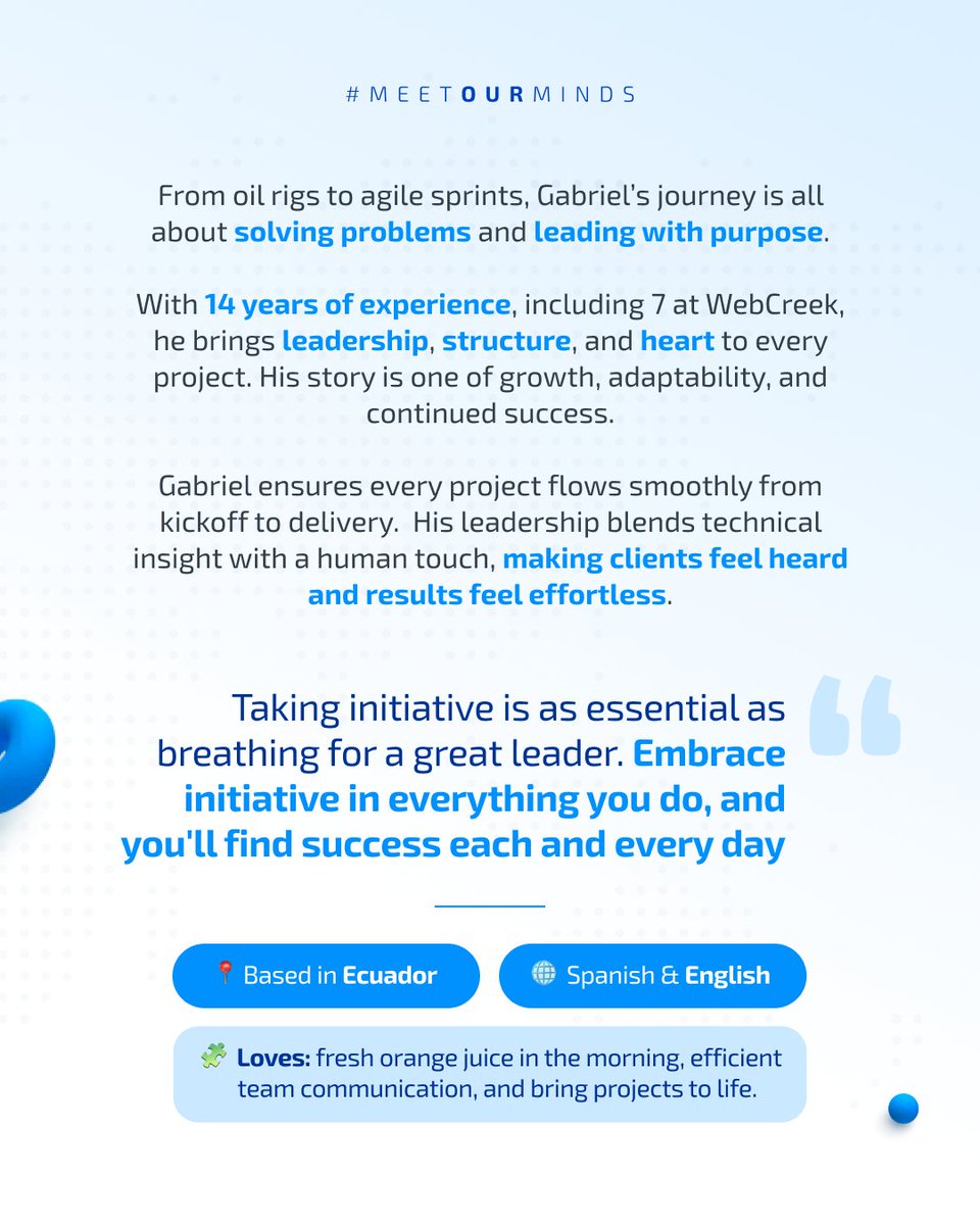 WebcreekTech's tweet image. From oil rigs to agile sprints, Gabriel’s journey is one of transformation, leadership, and impact. With 14 years of experience, including 7 years at WebCreek, he has helped shape high-performing teams and deliver projects that move our clients forward.
This spotlight is a small…