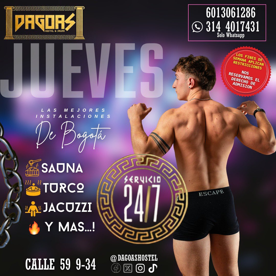JUEVES de poder en DAGOAS
Hoy el cuerpo habla… y dice: Sauna, turco y jacuzzi YA 🧖‍♂️💦

Ven y disfruta de las mejores instalaciones de Bogotá, sin excusas ni culpas.

Pases de cortesías? ⁣⁣⁣
⁣⁣⁣⁣
✅DEBES SEGUIRNOS  y dar 💙+ 🔁 (retweet) a este tweet y TODOS nuestros posts