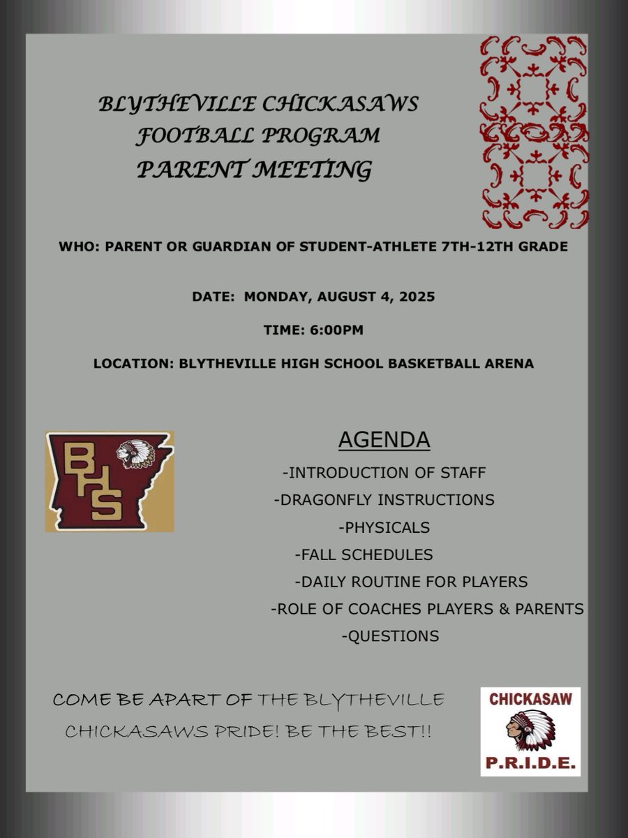 Chickasaws Football Parent Meeting Aug. 4th at 6pm in The Arena 
#chickasawnation🇱🇻🏈