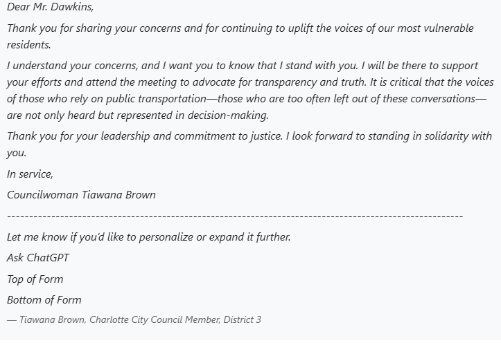 QCTLKNews's tweet photo. 🤖📨 Indicted CLT Council Member Tiawana Brown’s email on a tax hike included a line suggesting it was written by ChatGPT — sparking new transparency concerns. #CLTPolitics #ChatGPT #TiawanaBrown #AIinGov #CharlotteNews https://t.co/P7GnL83Fob
