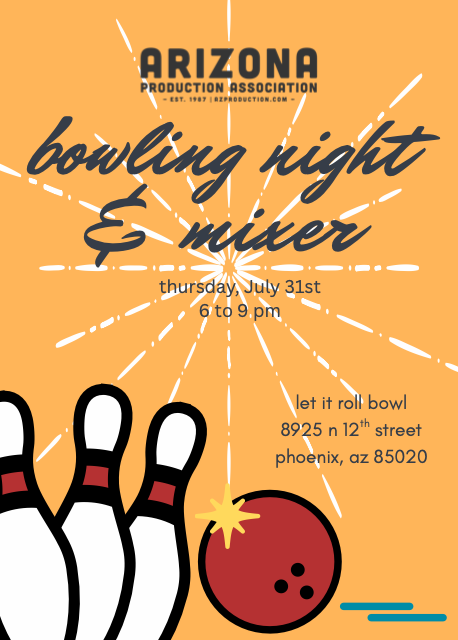 APAonset's tweet image. Join the Arizona Production Association for our Monthly Mixer at Let It Roll Bowl!

We've reserved two bowling lanes, so come roll with us! Whether you're a seasoned pro or gutter-ball champ, it's the perfect time to connect, network, and unwind with Arizona's film community.