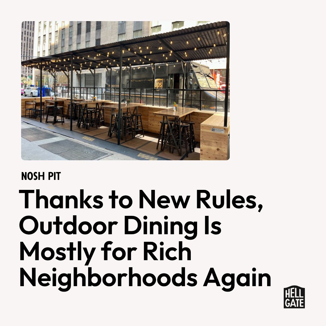 "People don't have that much money."  

New data shows that with the elimination of year-round outdoor dining, just 2.2 percent of restaurants with roadway dining are in neighborhoods with median incomes of $60,000 or less.

hellgatenyc.com/outdoor-dining…