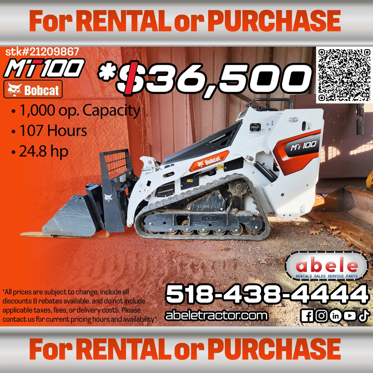 AbeleTractor's tweet image. 🚜 Machine of the Day: 2024 Bobcat MT100 🚜

Compact &amp;amp; powerful, perfect for landscaping and construction!

📞 Call/Text 518-438-4444 to rent or buy!

@BobcatCompany #BobcatMT100 #CompactLoader #AbeleTractor
