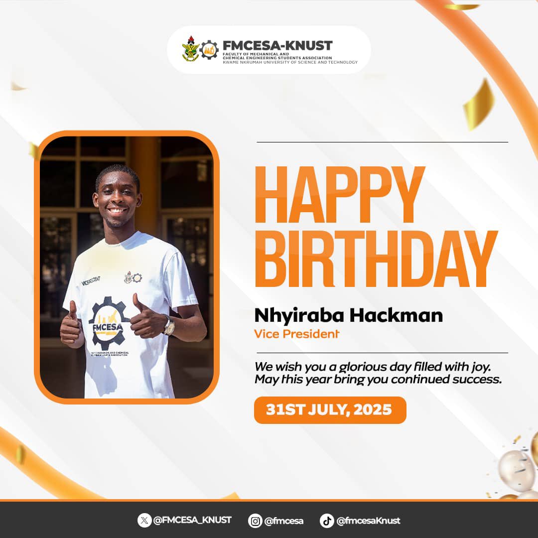 FMCESA (@fmcesa_knust) on Twitter photo 🎉 Happy Birthday, Nhyiraba Hackman! 
Wishing the  Vice President a day filled with joy and a year of continued success! 🥳🎂
May this new age bring you even greater achievements, continued success in all your endeavors and unforgettable moments💯
Cheers to your special day🥂 🎉 Happy Birthday, Nhyiraba Hackman! 
Wishing the  Vice President a day filled with joy and a year of continued success! 🥳🎂
May this new age bring you even greater achievements, continued success in all your endeavors and unforgettable moments💯
Cheers to your special day🥂