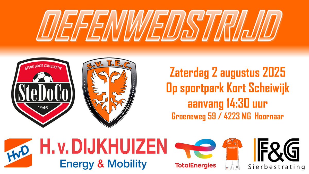 sv_TEC's tweet photo. Zaterdag 2 augustus vervolgt TEC de oefencampagne met opnieuw een uitwedstrijd, ditmaal reizen we af naar Hoornaar voor de ontmoeting met @vvstedoco
Bezoekers opgelet ivm verkeershinder op de A27
Routebeschrijving - SteDoCo
#stetec https://t.co/qyVOgKZvzb