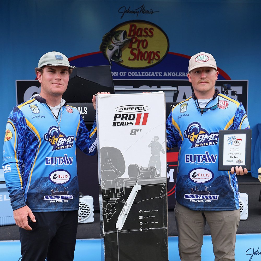 CollegiateBass's tweet photo. Blake and John from Top 25 ranked Blue Mountain Christian earned a new Power-Pole for claiming Overall Big Bass honors at the Pickwick Slam earlier this year.

#PowerPole #TotalBoatControl #BassProShops #EngelCoolers #SeriousCool #TurtleboxAudio #LIVEFREE  #WeAreCollegiateBass https://t.co/DsfLcigNii