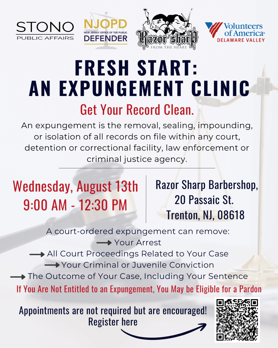 Volunteers of America Delaware Valley (@voadv) on Twitter photo Join us on Wednesday, August 13 at Razor Sharp Barbershop in Trenton where we'll be partnering with <a href="/opd_nj/">New Jersey Office of the Public Defender</a> and @stono_pa for a Fresh Start Expungement Clinic. Stop by to find out if you're eligible and learn your options.
Register here: bit.ly/4kZBM5n Join us on Wednesday, August 13 at Razor Sharp Barbershop in Trenton where we'll be partnering with <a href="/opd_nj/">New Jersey Office of the Public Defender</a> and @stono_pa for a Fresh Start Expungement Clinic. Stop by to find out if you're eligible and learn your options.
Register here: bit.ly/4kZBM5n
