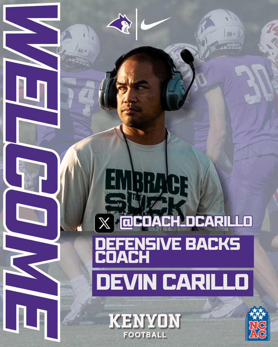 Kenyon Football (@kenyonfootball) on Twitter photo We would like to welcome our new defensive backs coach, Devin Carillo, to Kenyon.
Be sure to give him a follow. <a href="/Coach_DCarillo/">Devin Carillo</a>
#EarnIt #TakeFLIGHT #GoOwls We would like to welcome our new defensive backs coach, Devin Carillo, to Kenyon.
Be sure to give him a follow. <a href="/Coach_DCarillo/">Devin Carillo</a>
#EarnIt #TakeFLIGHT #GoOwls
