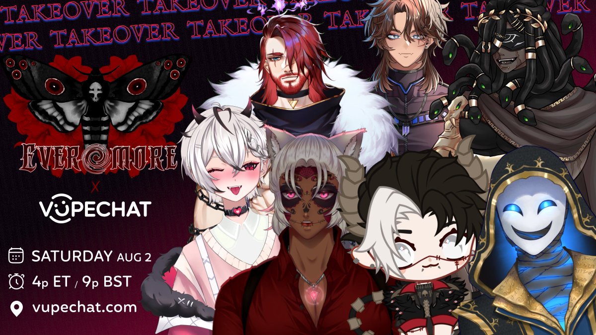 Vupechat (@vupechat) on Twitter photo ❌ EVERMORE TAKEOVER INC ❌
<a href="/Evermore_VT/">Evermore ⌛</a> is storming Vupechat THIS WEEKEND!
7️⃣ agents of chaos. 0️⃣ restraints. Are you ready for the spontaneous mayhem? 👀
Come vibe with these troublemakers & meet a bunch of new friends!💀🐍👑🐺🐶🚀🎭
Event details (Social Saturday) 👇 ❌ EVERMORE TAKEOVER INC ❌
<a href="/Evermore_VT/">Evermore ⌛</a> is storming Vupechat THIS WEEKEND!
7️⃣ agents of chaos. 0️⃣ restraints. Are you ready for the spontaneous mayhem? 👀
Come vibe with these troublemakers & meet a bunch of new friends!💀🐍👑🐺🐶🚀🎭
Event details (Social Saturday) 👇