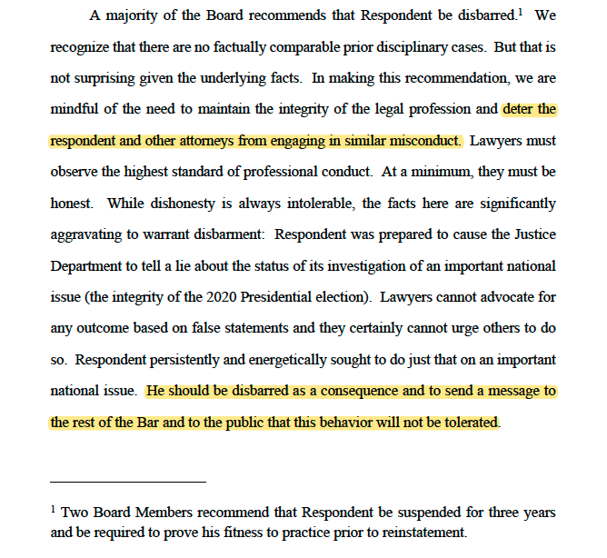 Big picture: Significant implications for US government attorneys who risk their bar licenses by engaging in clearly illegal and unethical conduct. 

D.C. Bar Board of Professional Responsibility recommends DISBARMENT for Jeffrey Clark

s3.documentcloud.org/documents/2603…

These lines.⤵️
