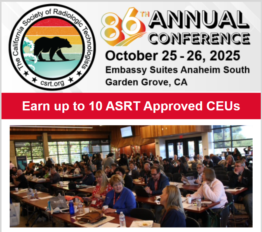 CSRTorg's tweet photo. This is your chance to earn up to 10 ASRT Approved CEUs and be apart of the biggest California based gathering of radiologic technologists and your chance to network, learn cutting-edge advancements in the field. Register at: https://t.co/0jeB2CxlMt. #CSRT #ASRT #RadiationTherapy https://t.co/X2kwyLPF1Z