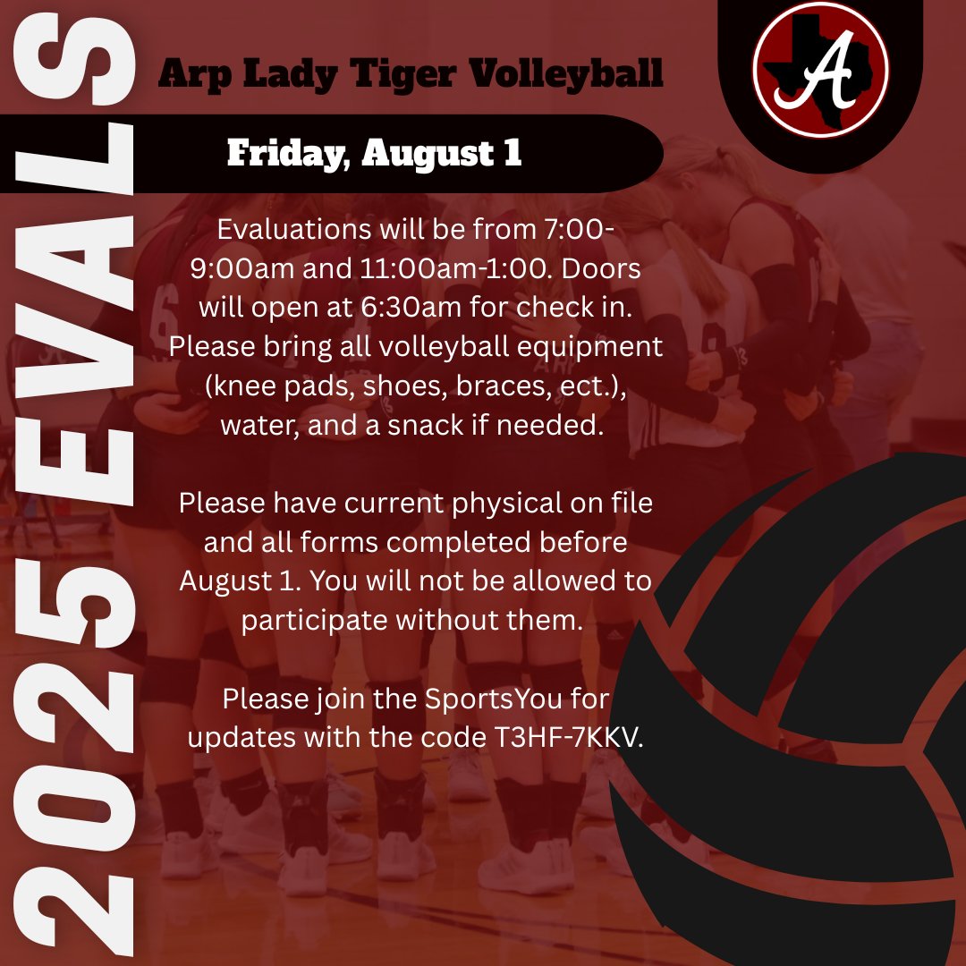 It's about that time for our Arp Lady Tiger Volleyball🐅🏐 squad to get going.
Our young women will be on the court at John Mills Parker Gymnasium ready to go at 7:00am Friday to get the 2025 fall camp started.
#TPND #EATT #ALLIN #bEASTtexas
