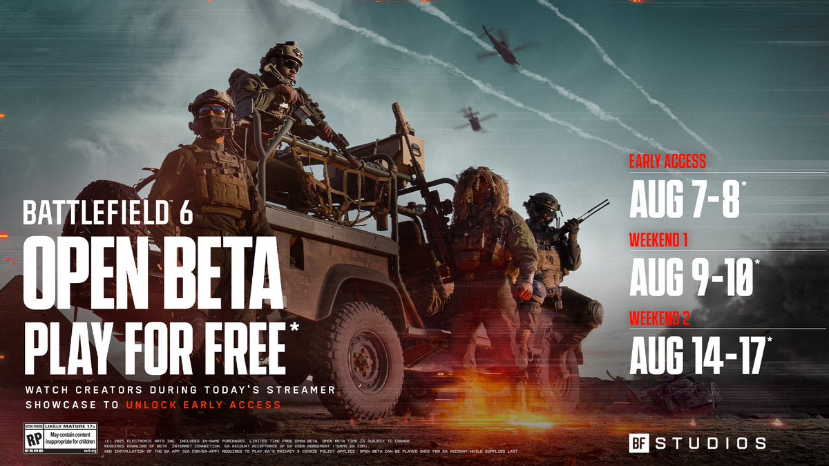 Twitch drops for #Battlefield6 are live!

👀 Watch Battlefield creators now to earn exclusive in-game rewards.
✅ If you signed up for BF Labs, you are already in Early Access regardless of whether you got a playtest invite or not.

Open Beta Aug. 9–10 and Aug. 14–17
🟣