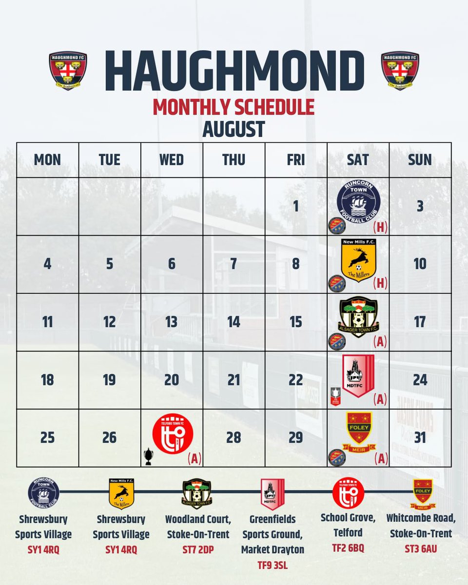 August Schedule!

📅 2nd - Runcorn Town (H)
📅 9th - New Mills FC (H)
📅 16th - Alsager Town (A)
📅 23rd - Market Drayton (A)
📅 27th - Telford Town (A) –🏆
📅 30th - Foley Meir (A)

📍 Home games at Shrewsbury Sports Village – let’s fill the stands and show your support!
#mond