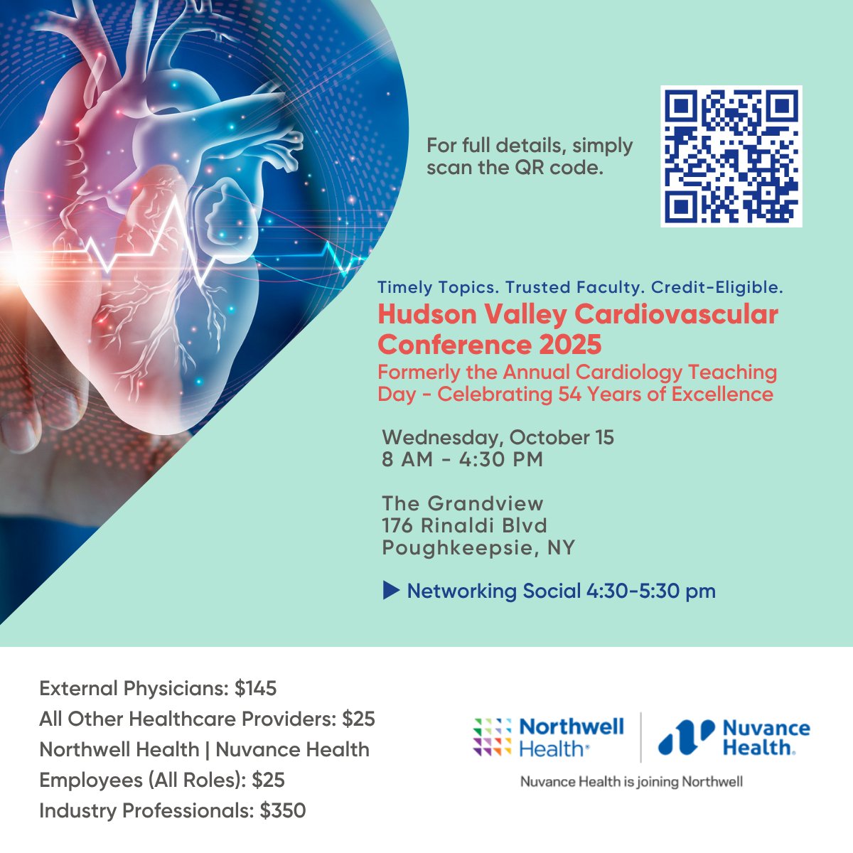 NorthwellCTHVCE's tweet photo. Join us Oct. 15 in Poughkeepsie for the 2025 Hudson Valley Cardiovascular Conference!
🎉 Networking social wraps the day.
🔗 Register: https://t.co/A94NiFTnqb
#CME #NuvanceHealthCME https://t.co/VwtzORFNpS