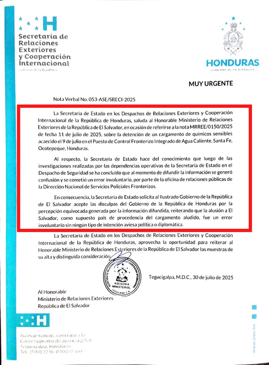 Nayib Bukele (@nayibbukele) on Twitter photo Agradecemos al Gobierno de Honduras por aclarar que el cargamento de químicos incautado en Ocotepeque, Honduras, NO PROVENÍA DE EL SALVADOR, como se afirmó en un inicio. Agradecemos al Gobierno de Honduras por aclarar que el cargamento de químicos incautado en Ocotepeque, Honduras, NO PROVENÍA DE EL SALVADOR, como se afirmó en un inicio.