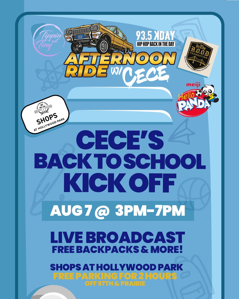 935 KDAY (@935kday) on Twitter photo πβ¨ CECE'S BACK TO SCHOOL KICKOFF
π The Shops at Hollywood Park
π
Thursday, AUG 7th | β° 3PMβ7PM
πΆ Live Broadcast β’ Music β’ Fun for All Ages!
π₯ Sponsored by <a href="/meijiamerica/">Meiji America</a> <a href="/hollywoodparkca/">Hollywood Park CA</a> @thereallayziebone @inthehoodfoundation @tippinwittiny πβ¨ CECE'S BACK TO SCHOOL KICKOFF
π The Shops at Hollywood Park
π
Thursday, AUG 7th | β° 3PMβ7PM
πΆ Live Broadcast β’ Music β’ Fun for All Ages!
π₯ Sponsored by <a href="/meijiamerica/">Meiji America</a> <a href="/hollywoodparkca/">Hollywood Park CA</a> @thereallayziebone @inthehoodfoundation @tippinwittiny