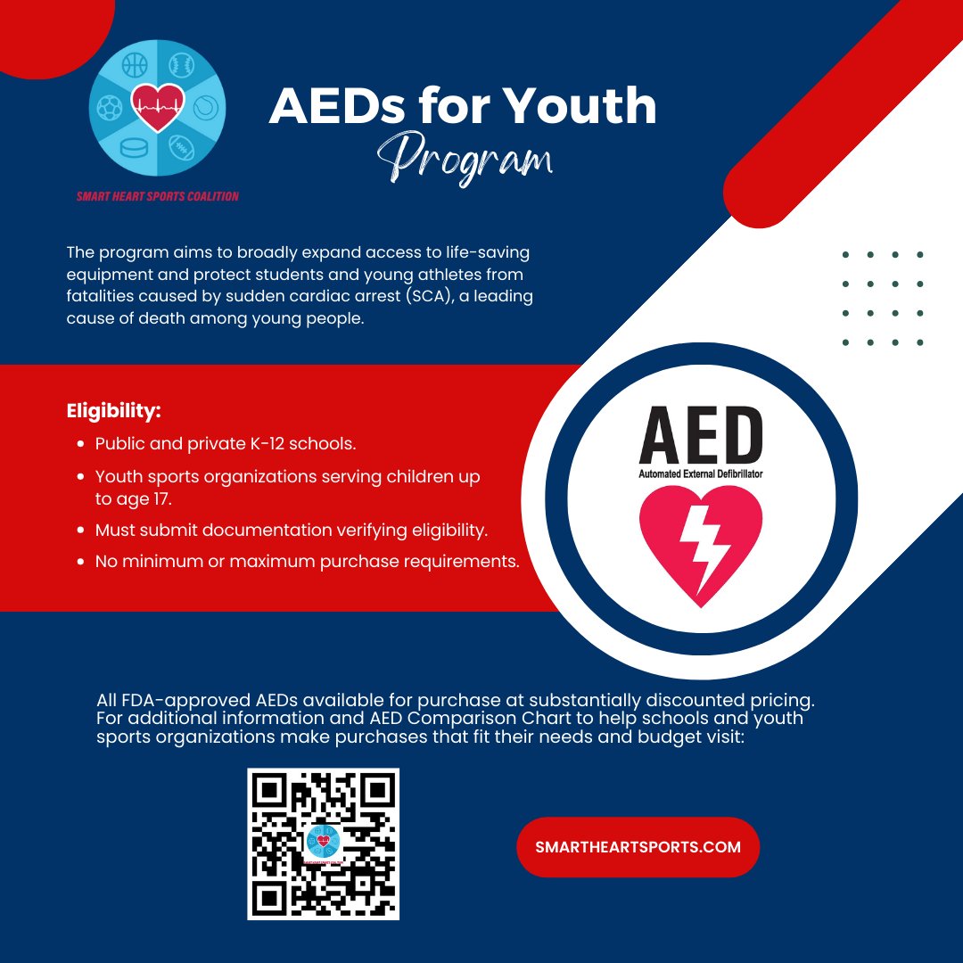 ~23,000 children under 18 suffer sudden cardiac arrest each year in the U.S.  Access to AEDs where youth gather is vital.

The AEDs for Youth Program offers discounted AEDs to K–12 schools &amp; youth sports orgs.  Scan QR Code to learn more or 👉 smartheartsports.com 
<a href="/NFL/">NFL</a>