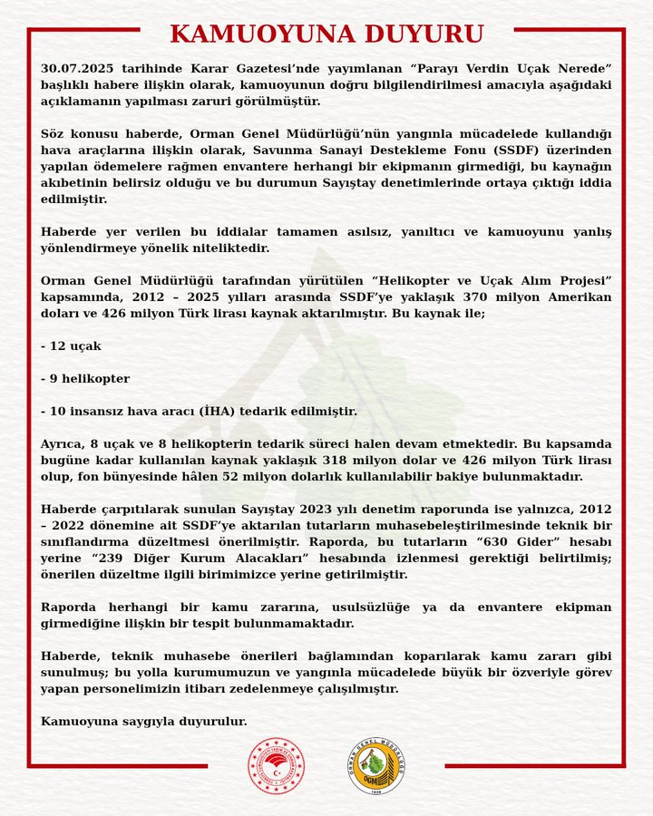 The image is a formal announcement from Orman Genel Müdürlüğü (@OGMgovtr), featuring a red-bordered document with black text in Turkish, detailing a public statement. It includes the organization\'s logo and emblem at the bottom, with a header reading "KAMUOYUNA DUYURU" (Public Announcement). The text discusses forestry initiatives, such as planting 370 million trees in Turkey from 2012 to 2023, and mentions specific locations like Aksaray and Antalya. No platform watermarks are present, and the composition is clear, professional, and well-lit, emphasizing official communication about environmental efforts.