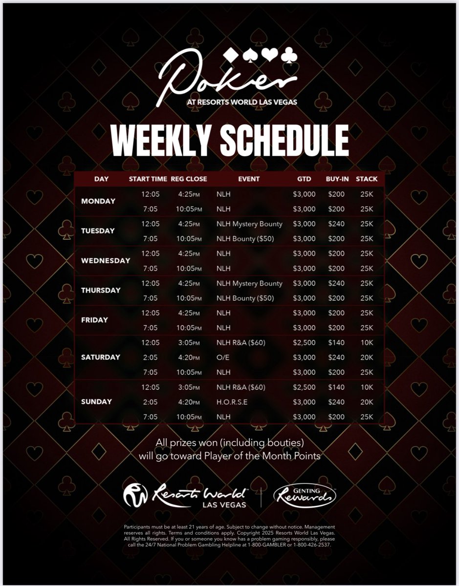 Resorts World Poker Room (@pokerroomrwlv) on Twitter photo Starting new schedule <a href="/PokerRoomRWLV/">Resorts World Poker Room</a> August 1st to kick off our player of the month program, all monies won goes to player of the month points. Top 4 get paid top 10 gets a seat in the access NAPT 100K free roll. Starting new schedule <a href="/PokerRoomRWLV/">Resorts World Poker Room</a> August 1st to kick off our player of the month program, all monies won goes to player of the month points. Top 4 get paid top 10 gets a seat in the access NAPT 100K free roll.
