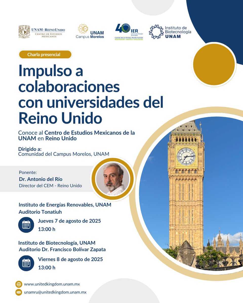 ¿Te gustaría conocer el #CEM-UNAM en Reino Unido?
Les invitamos a las charlas del Dr. Antonio del Río en el Campus Morelos:
07 de agosto en el <a href="/ierunam/">IER-UNAM</a> 
13:00h, Auditorio Tonatiuh
08 de agosto en el <a href="/ibt_unam/">Instituto de Biotecnología UNAM</a> 
13:00h, Auditorio Dr. Fco. Bolívar Zapata
