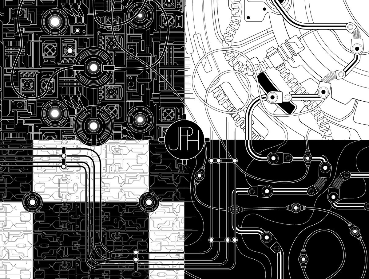 jphanel1972's tweet image. ⚙️Four patterns. One language.🔌
A visual exploration of sci-fi systems, mechanical networks, and electronic flow 
Each quadrant speaks a different code.
- No AI product - Julien-Pierre Hanel 2025
#TechArt #CircuitDesign #SciFiSystems #CyberAesthetics #MechanicalArt…
