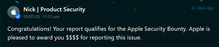_anonysm's tweet image. Just randomly checked my Apple Security portal and realized I was awarded a bounty—$$$$ for reporting a security issue! Didn’t even notice the email from 3 weeks ago. 

#bugbounty #infosec #securityresearch
