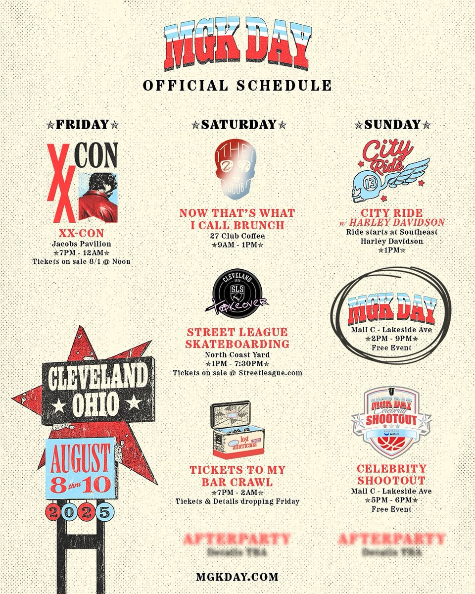 The full weekend lineup is here 👀

MGK Day is taking over downtown Cleveland from August 8–10.

Concerts, brunch, skating, bar crawls, a celebrity shootout &amp; more.

See you all soon!

RSVP here: mgkday.com