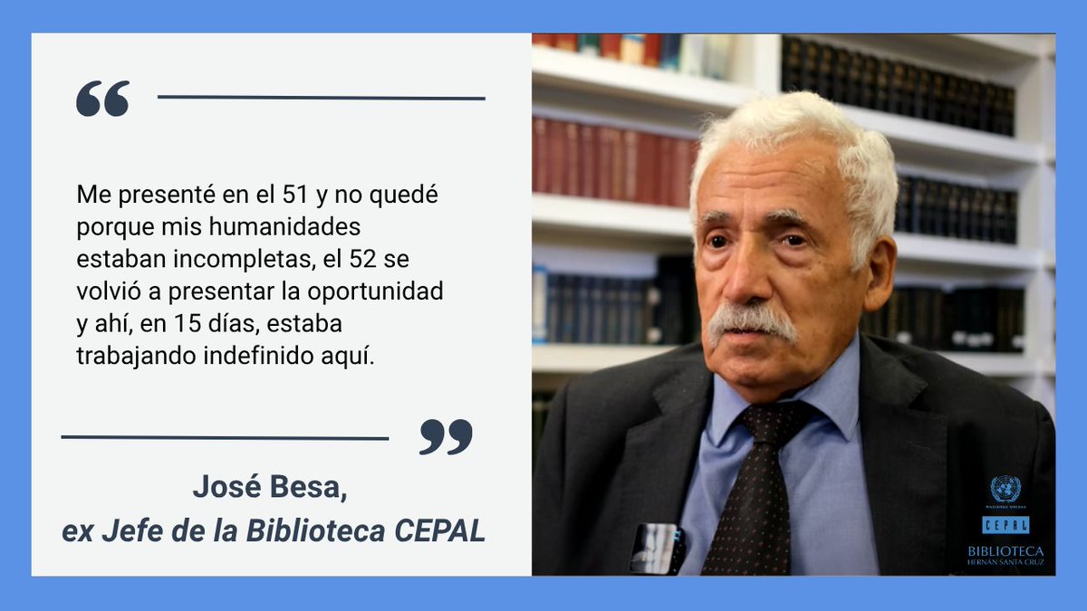 📚 Conoce a José Besa, ex Jefe de la @bibliotecaCEPAL.
Entró a la CEPAL en 1952… ¡por accidente!
Descubre cómo un joven mensajero llegó a convertirse en bibliotecario durante toda una vida.
🎥 Mira: youtube.com/watch?v=yj_j4-… 

#HistoriaOral #CEPAL