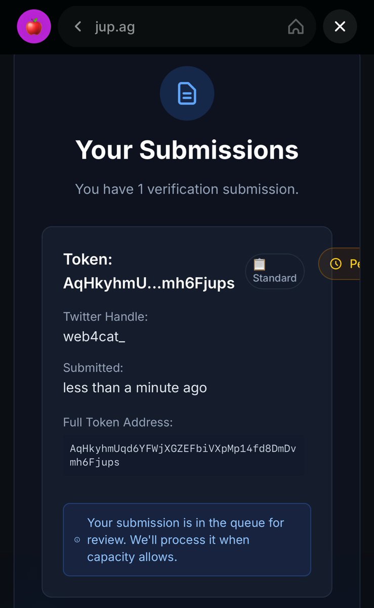 Yo guys!
We ju applied for our token to be verified

Are we excited?

If yess, engage with this and tag <a href="/JupiterExchange/">Jupiter</a>  so they priotize our project and get us verified fast

Lfg guys!!!