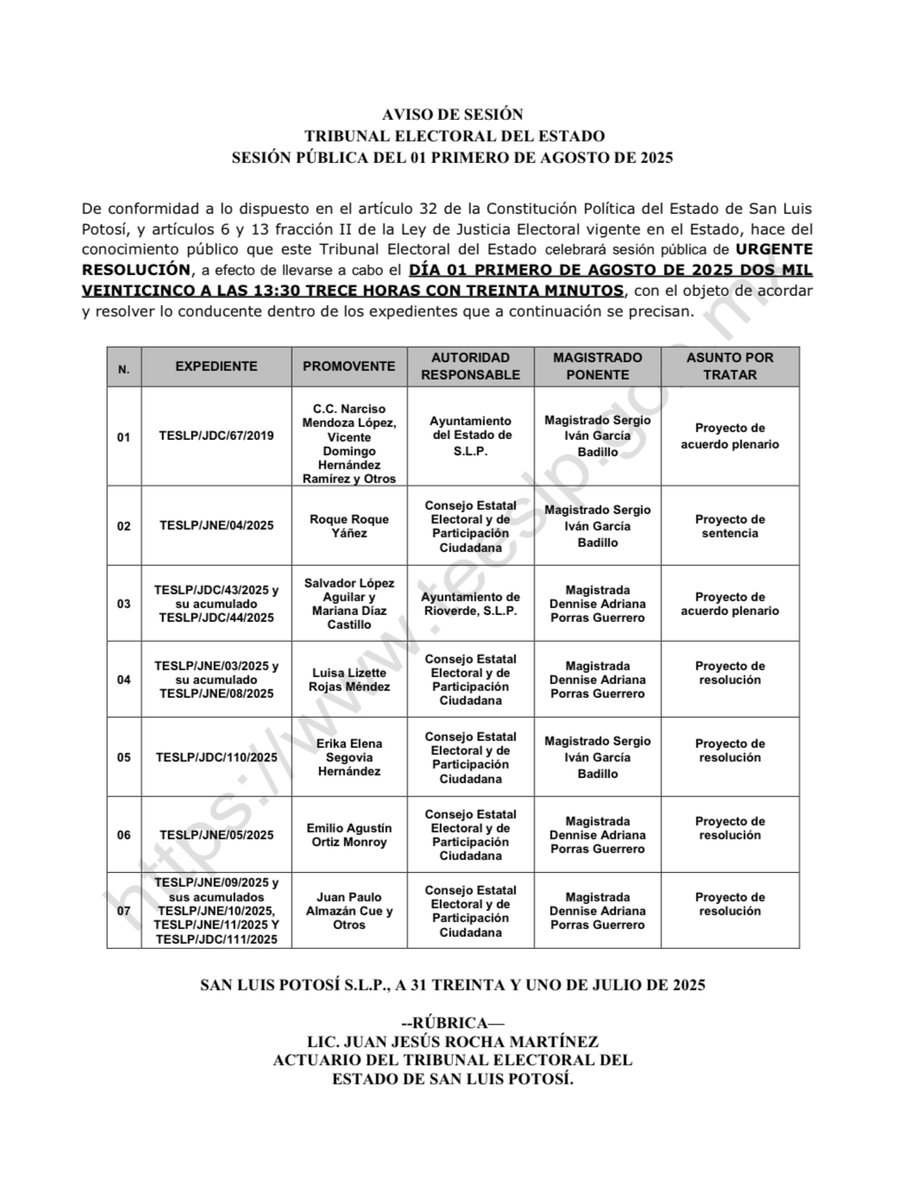 AVISO DE SESIÓN
TRIBUNAL ELECTORAL DEL ESTADO
SESIÓN PÚBLICA DEL 01 DE AGOSTO DE 2025
Hace del conocimiento público que este Tribunal Electoral del Estado celebrará sesión pública  el DÍA 01 DE AGOSTO DE 2025 A LAS 13:30 TRECE HORAS CON TREINTA MINUTOS.
teeslp.gob.mx/.../sesion-jur…