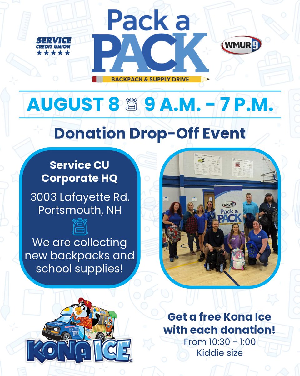 🏫 School is right around the corner, so you know what that means...Pack-A-Pack is back! 

🎒 We are looking for your help on August 8th to come by our Portsmouth HQ and drop off as many new backpacks and school supplies as you can!