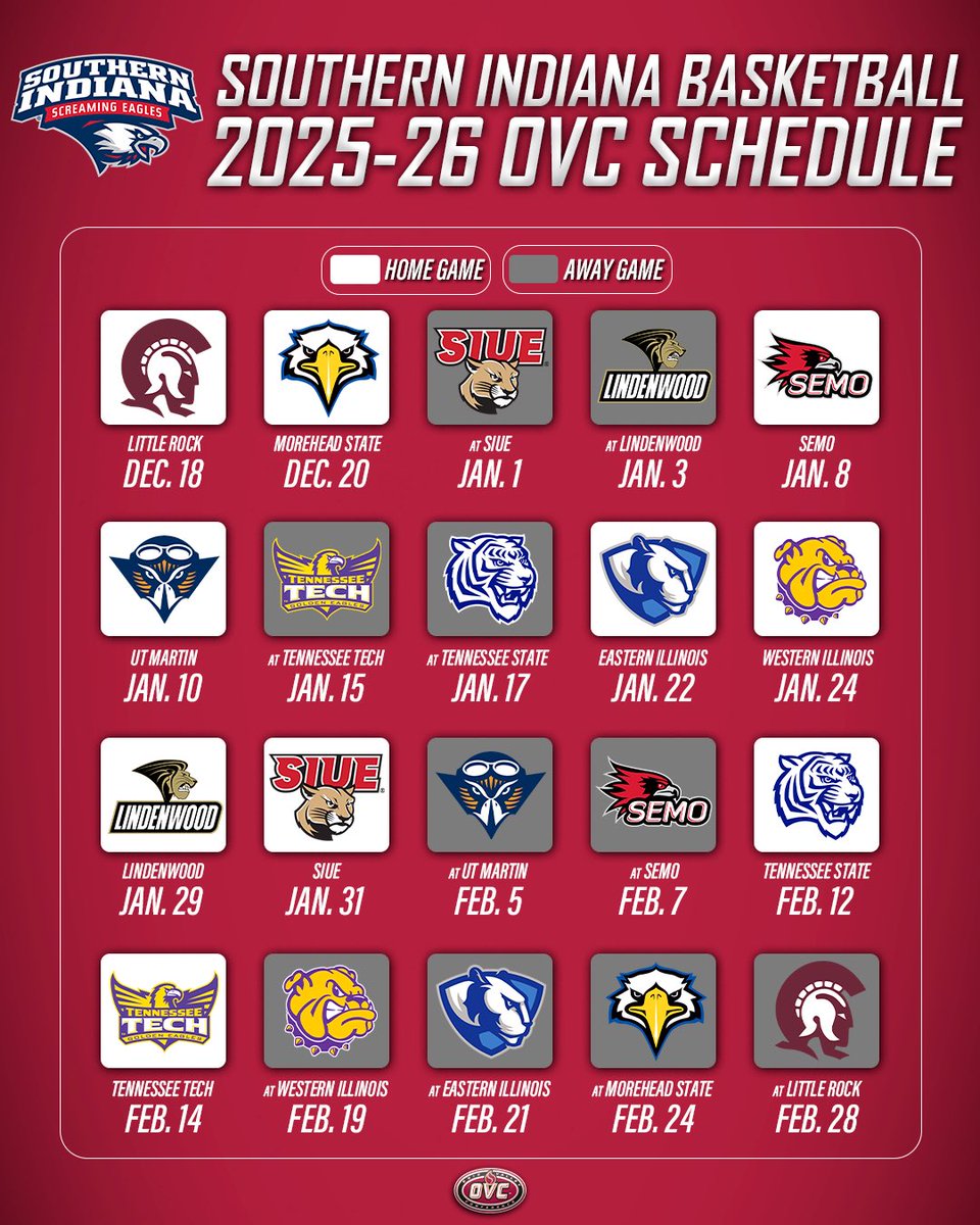 Ohio Valley Conference (@ovcsports) on Twitter photo Southern Indiana Men’s & Women’s Basketball OVC Schedule🏀🗓️
#GoUSIEagles | #OVCit Southern Indiana Men’s & Women’s Basketball OVC Schedule🏀🗓️
#GoUSIEagles | #OVCit