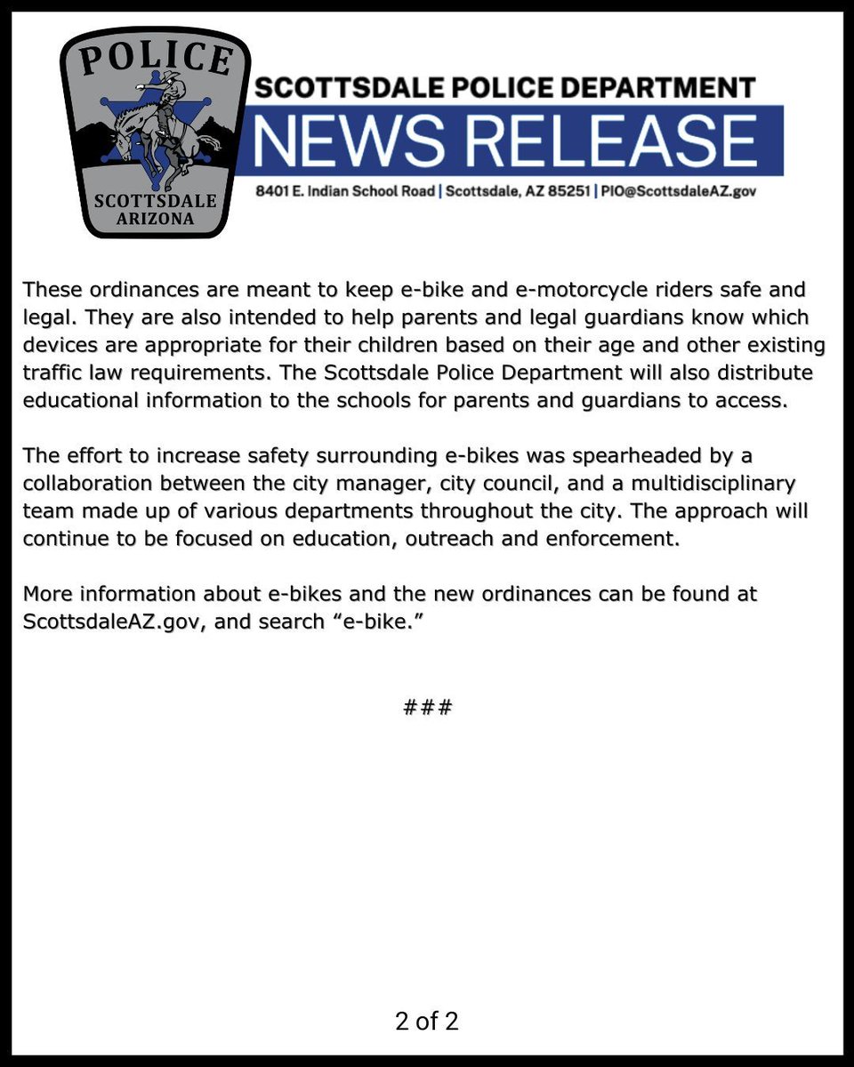 Scottsdale, AZ (July 31, 2025): New Scottsdale City Ordinances regarding e-bike safety and regulations take effect on July 31, 2025. They are intended to enhance safety for e-bike users under 16 and provide additional education guidelines for those purchasing e-bikes in