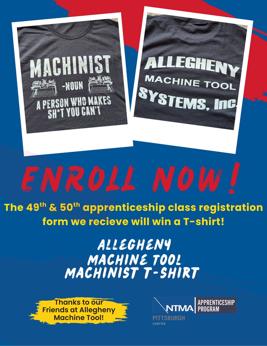 ENROLL NOW in the Pittsburgh Chapter NTMA Apprenticeship Program and you could win an exclusive Allegheny Machine Tool Machinist T-shirt!  The 49th and 50th apprenticeship class registration form we receive wins!
Learn more + apply: pghntma.org/programs/appre…