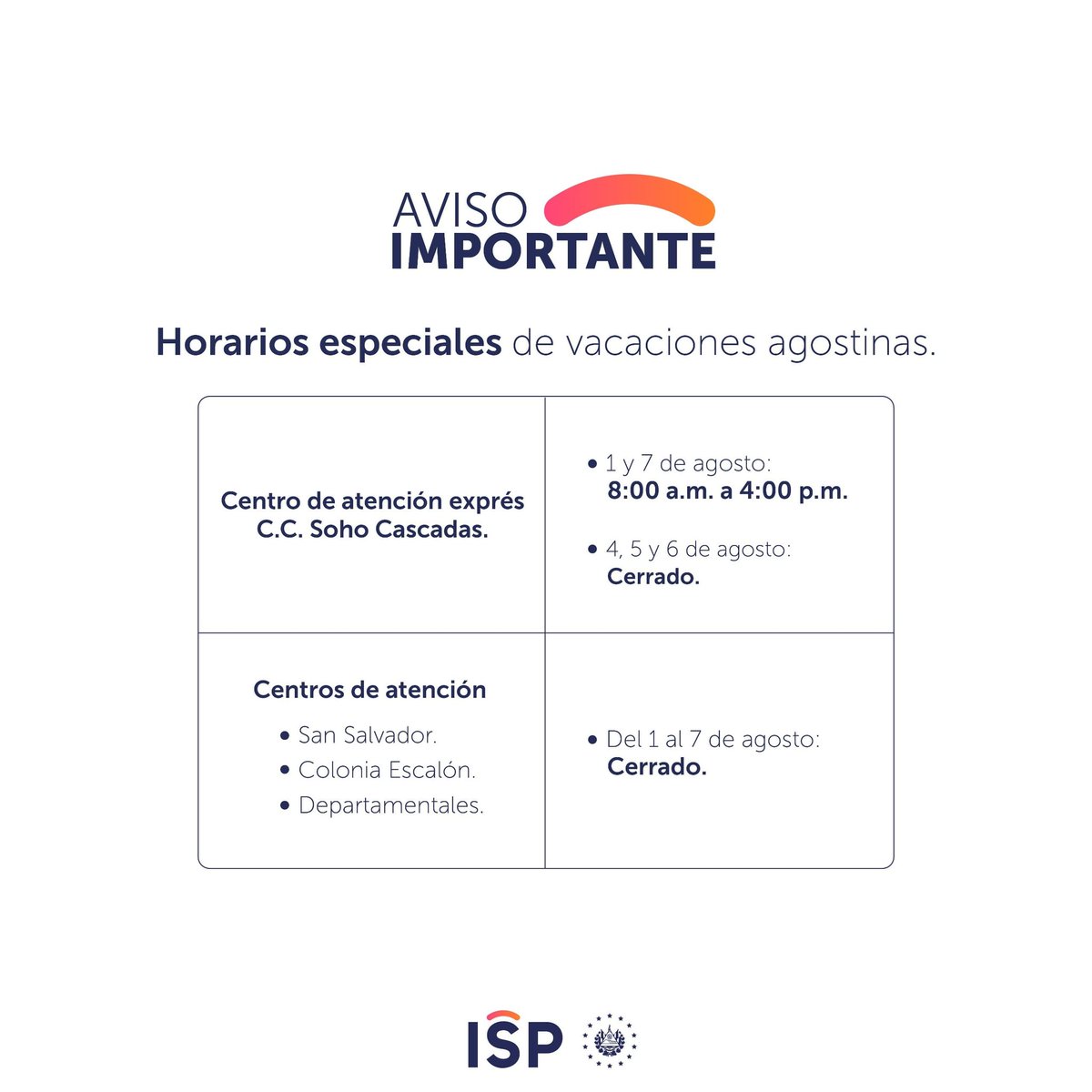 Estimados pensionados: 👵👴

Les compartimos el horario de atención para este período de vacaciones agostinas. 👇🗓️