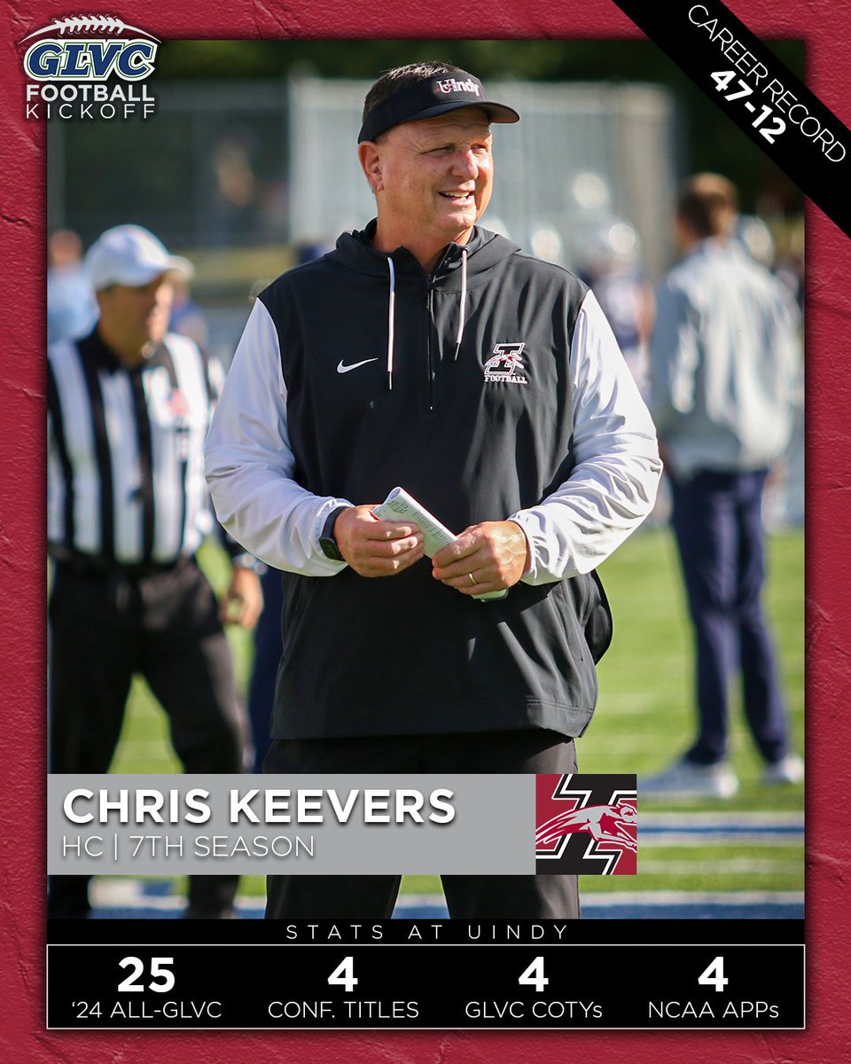 Great Lakes Valley Conference (@glvcsports) on Twitter photo 🏈 <a href="/UIndyFB/">UIndy Football</a> HC Chris Keevers
Keevers looks to continue his sustained success at UIndy after winning his 4th GLVC title and Coach of the Year award last season, along with advancing to the NCAA Playoffs for the 4th time.
#GLVCkickoff | <a href="/UIndyAthletics/">UIndy Athletics</a> 🏈 <a href="/UIndyFB/">UIndy Football</a> HC Chris Keevers
Keevers looks to continue his sustained success at UIndy after winning his 4th GLVC title and Coach of the Year award last season, along with advancing to the NCAA Playoffs for the 4th time.
#GLVCkickoff | <a href="/UIndyAthletics/">UIndy Athletics</a>