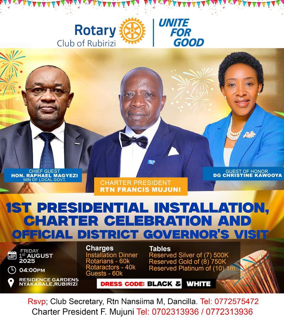 Dear Rotarians and Rotaractors from all over the world , the rotary  club of Rubirizi invites you all to attend their 1st presidential installation charter celebration and official visit of the district governor happening tomorrow at exactly 4:00pm .

📍Residence Gardens ,