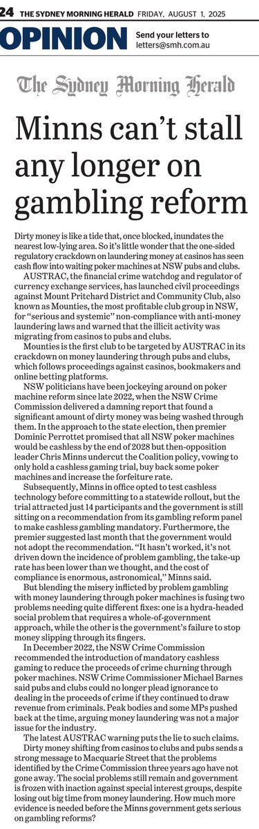 “Dirty money shifting from casinos to clubs and pubs sends a strong message… that the problems identified by the Crime Commission three years ago have not gone away… How much more evidence is needed before the Minns government gets serious on gambling reforms?”