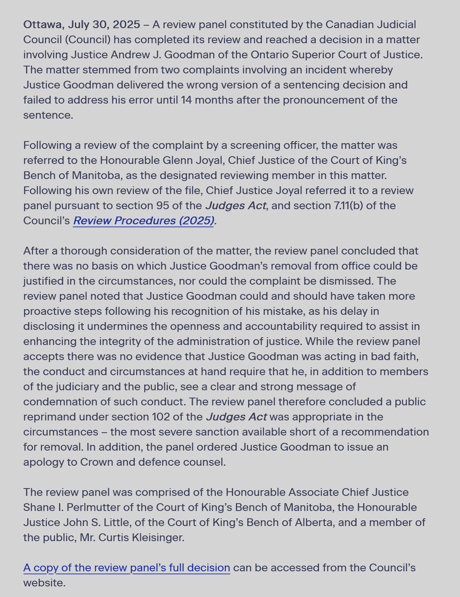 LawScribes's tweet photo. Review panel of Canadian Judicial Council reaches decision in matter involving ONSC Honourable Andrew J. Goodman regarding delivering wrong criminal sentence. Issued a public reprimand. @CJC_CCM #ethics #justice #hamilton #criminallaw https://t.co/hEytDhjyVT