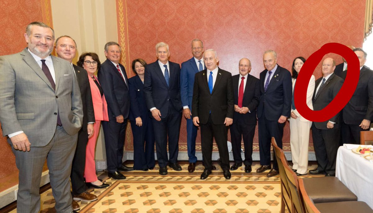 A year later, Sen. Coons continues to pose for photos w/ Benjamin the Butcher &amp; vote to send weapons for Israel’s genocide. 

Last night he voted w/ a *minority* of Democrats to support more weapons sales for Israel’s genocide while Gazans are starved. 

Sen. Coons is a disgrace!
