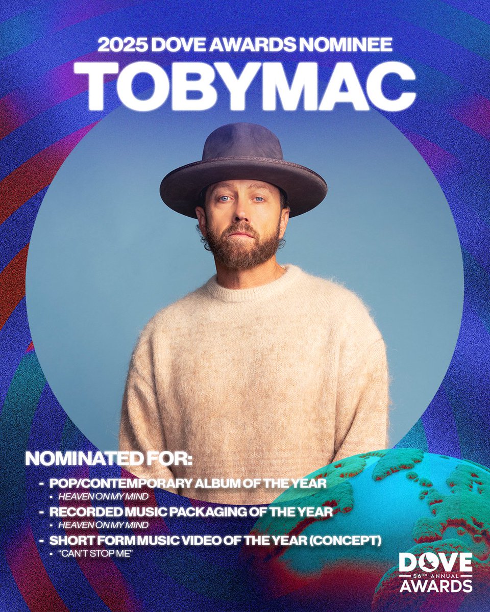 tobymac's tweet image. Grateful to be nominated for a Dove Award this year! What an honor!
Catch the show on October 10 at 7:30pm &amp;amp; 10pm ET on @TBN and simulcast on @SiriusXMTheMessage. #DoveAwards